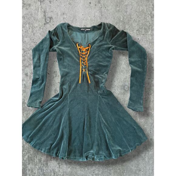 Betsey Johnson Dresses & Skirts - Vtg 90s Betsey Johnson Velvet Skater Dress Lace Up Green Whimsigoth Small Fairy